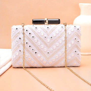 Artklim White Base Sequins Embroidery Clutch