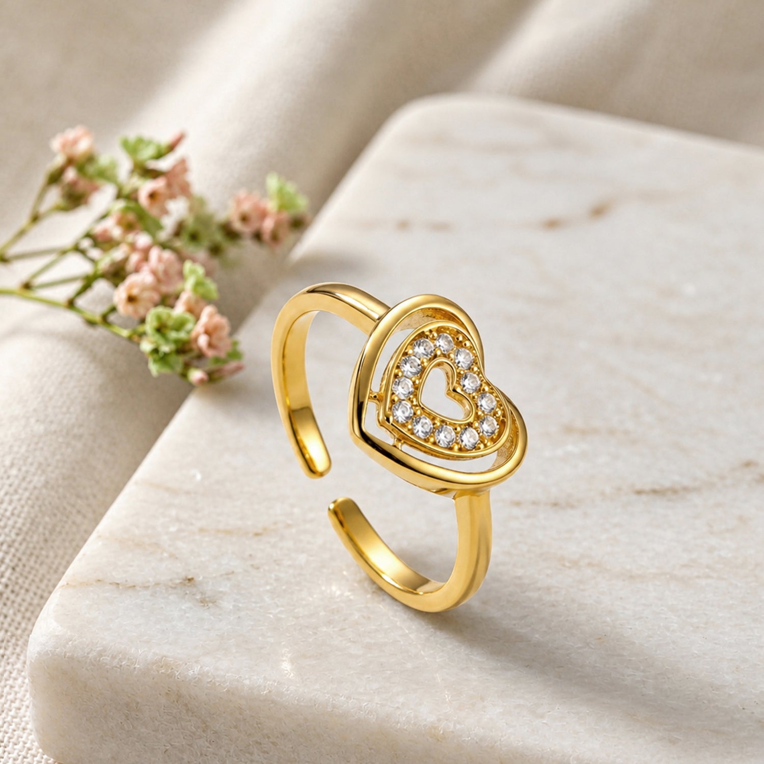 Artklim Open Heart-Shaped Crystal Gold Anti-Tarnish Ring