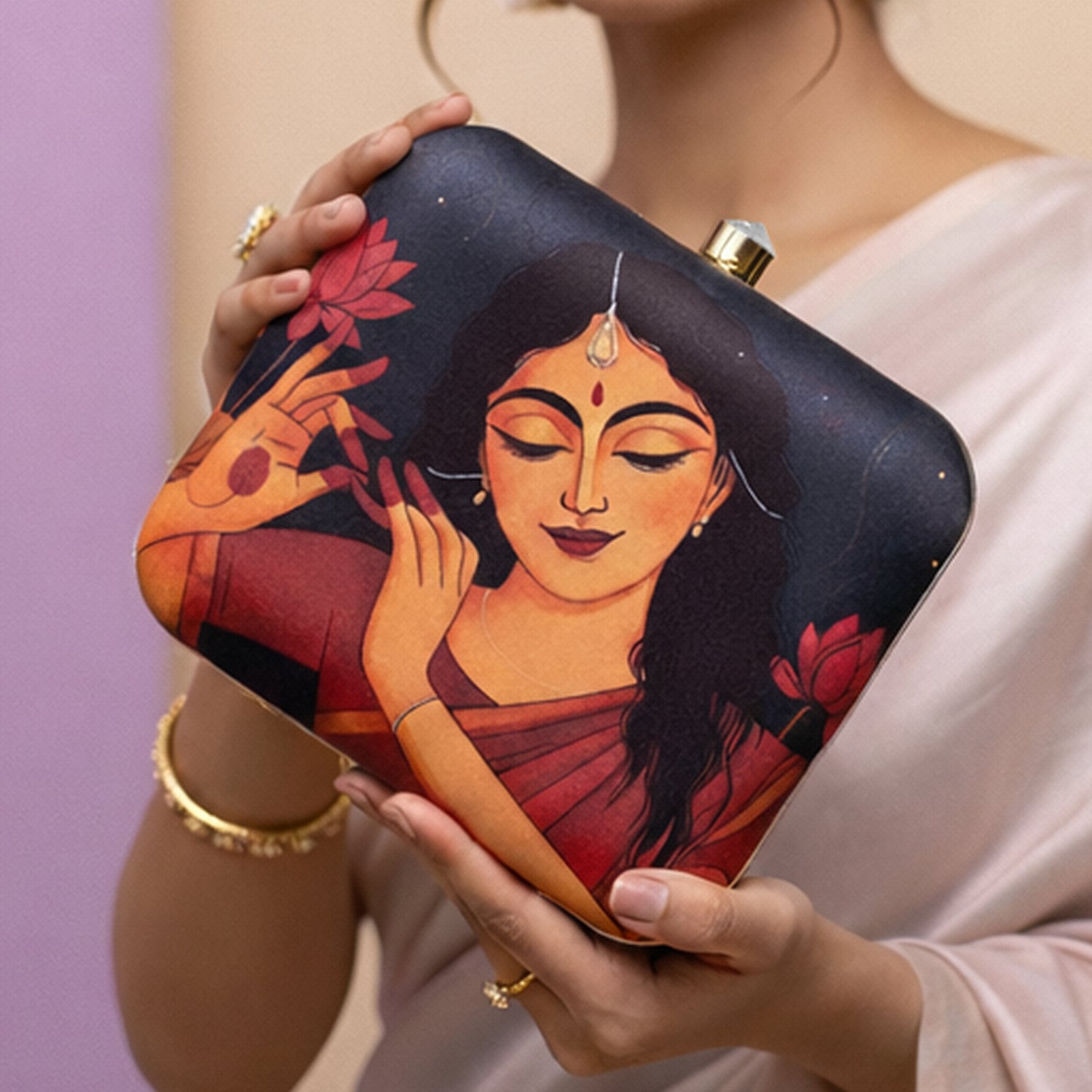 Artklim Black Based Dancing Lady Portrait Printed Clutch