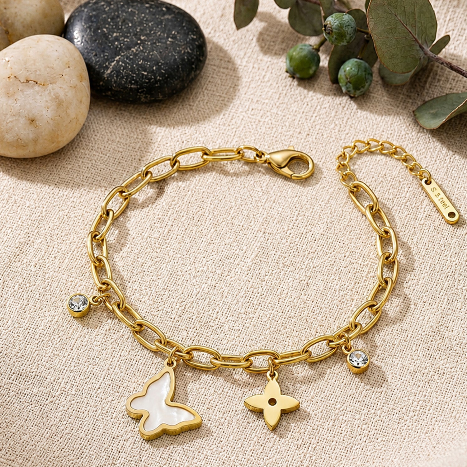 Artklim Butterfly Bloom Crystal Charm Gold Chain Anti-Tarnish Bracelet
