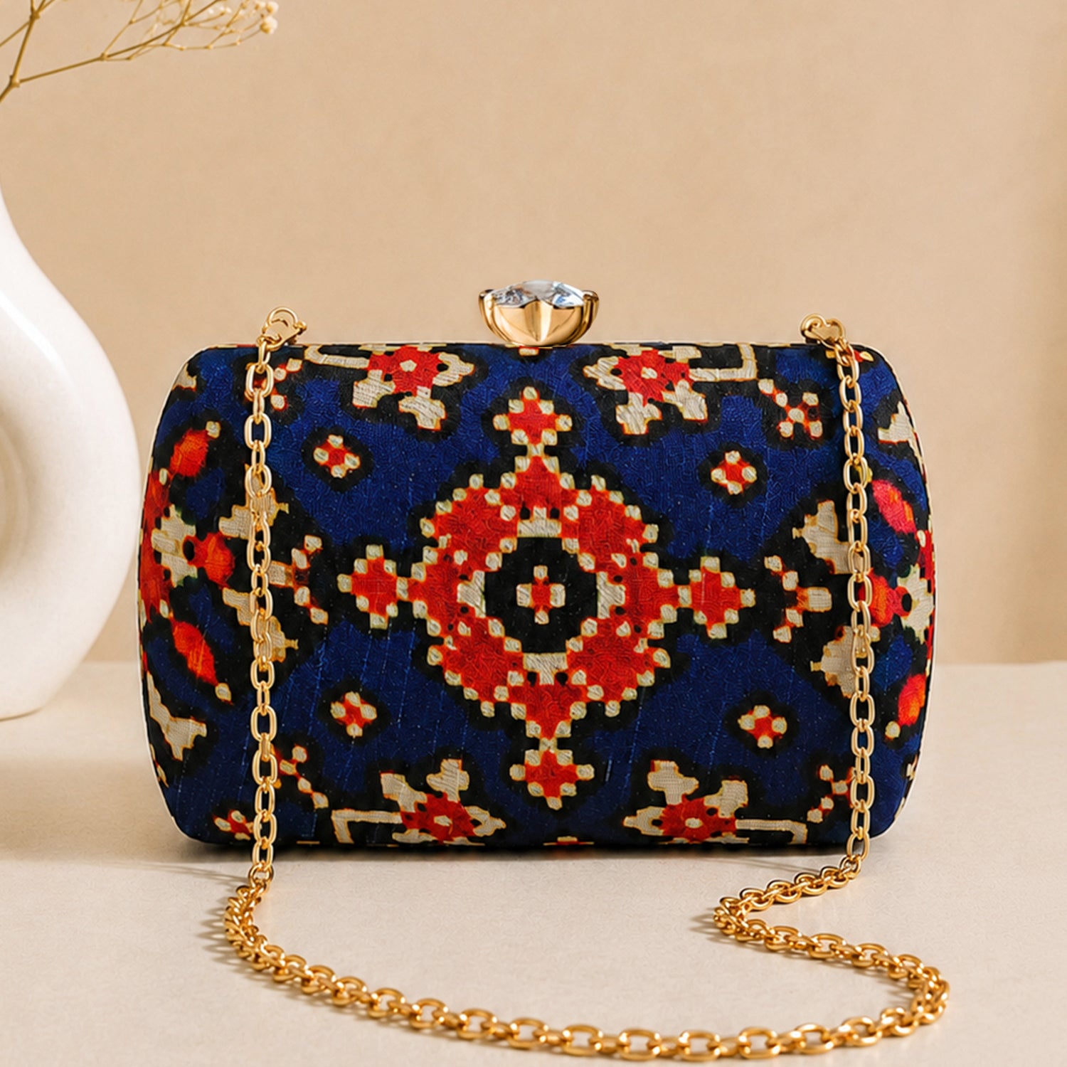 Artklim Royal Blue Red Ethnic Geometric Pattern Printed Clutch