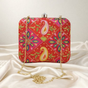 Artklim Chic Red Hard Case with Paisley & Floral Embroidered Clutch