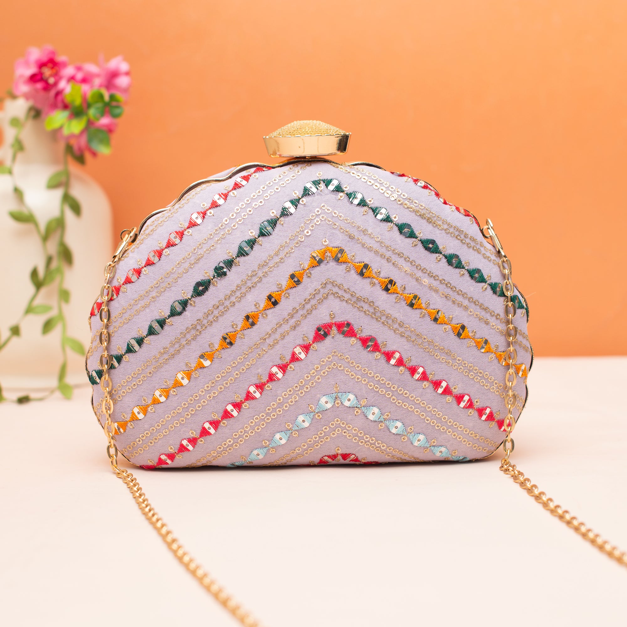 Artklim Pink Sequins Embroidery D-shape Clutch