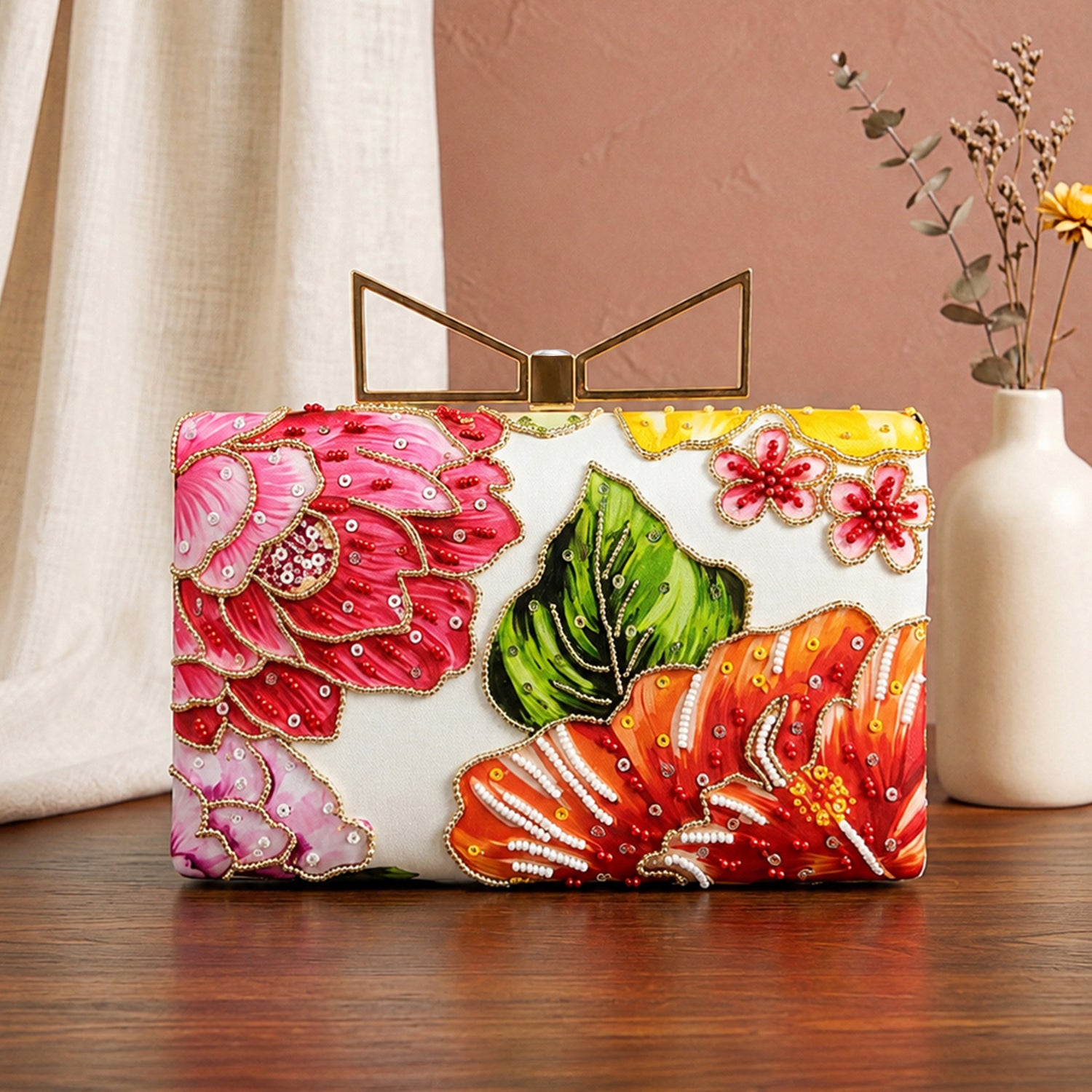 Artklim Printed Multicolor Floral Designer Clutch with Hand Embroidery