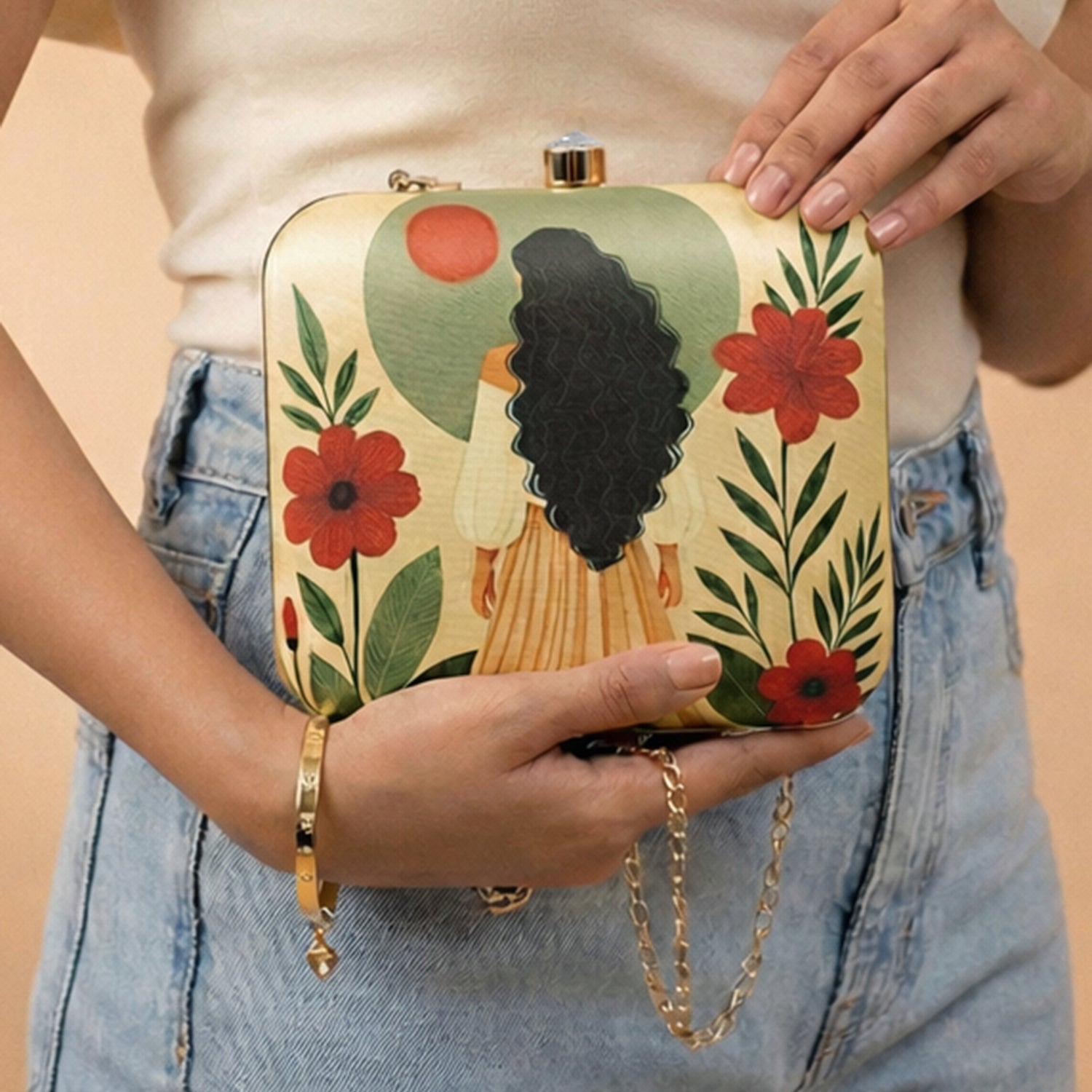 Artklim Beige Based Curly Hair Woman Portrait Printed Clutch