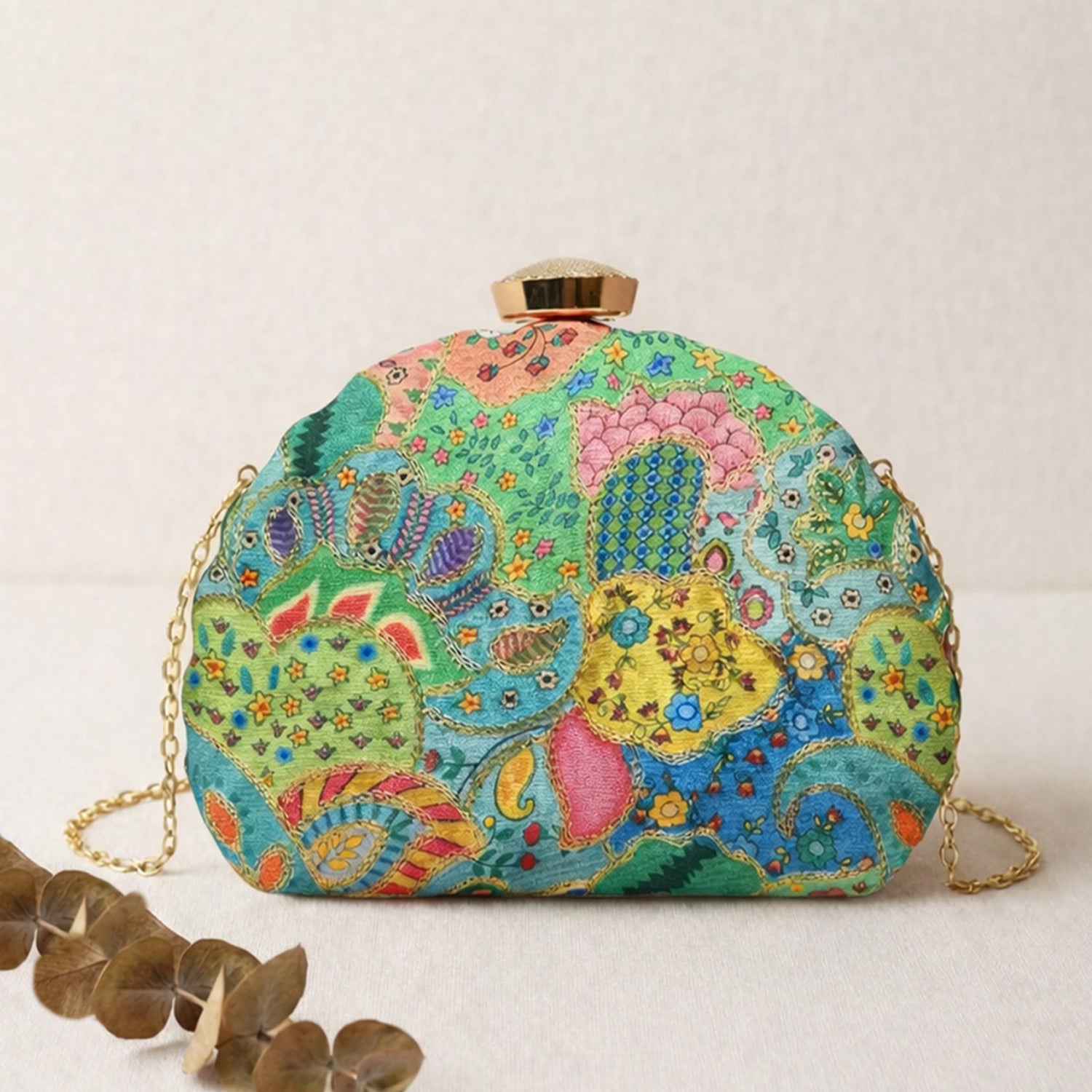 Green Multipattern Embroidery Moon Shaped Clutch