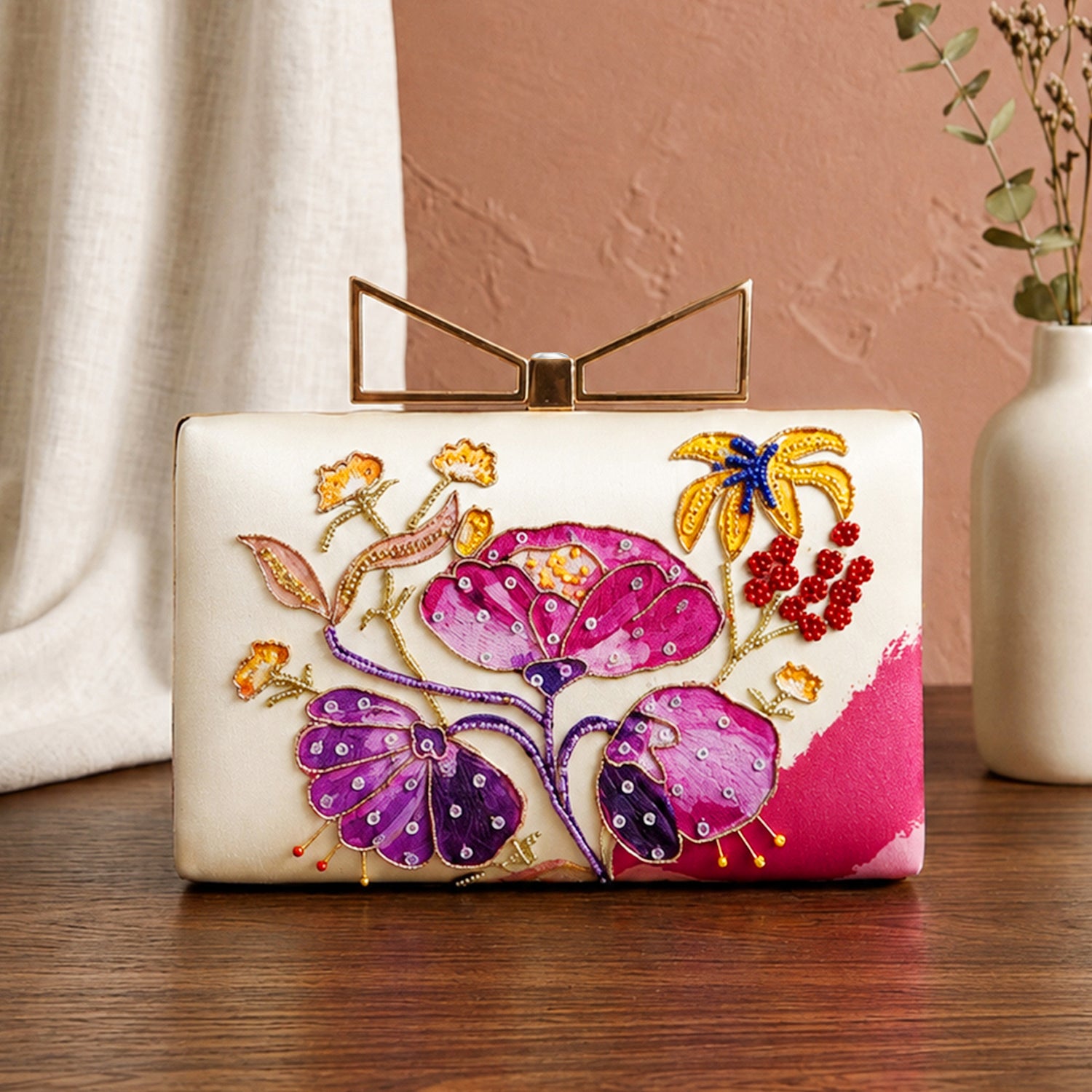 Artklim Printed Floral Designer Clutch with Hand Embroidery