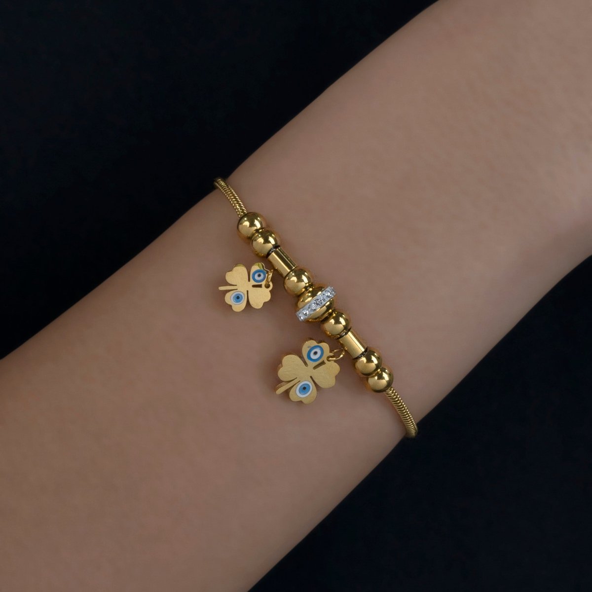 Artklim Gold Plated Evil Eye On Clover Leaves Charms Bracelet
