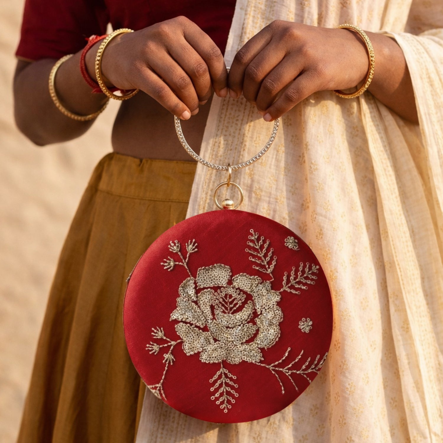 Artklim Red Floral Embroidered Round Clutch