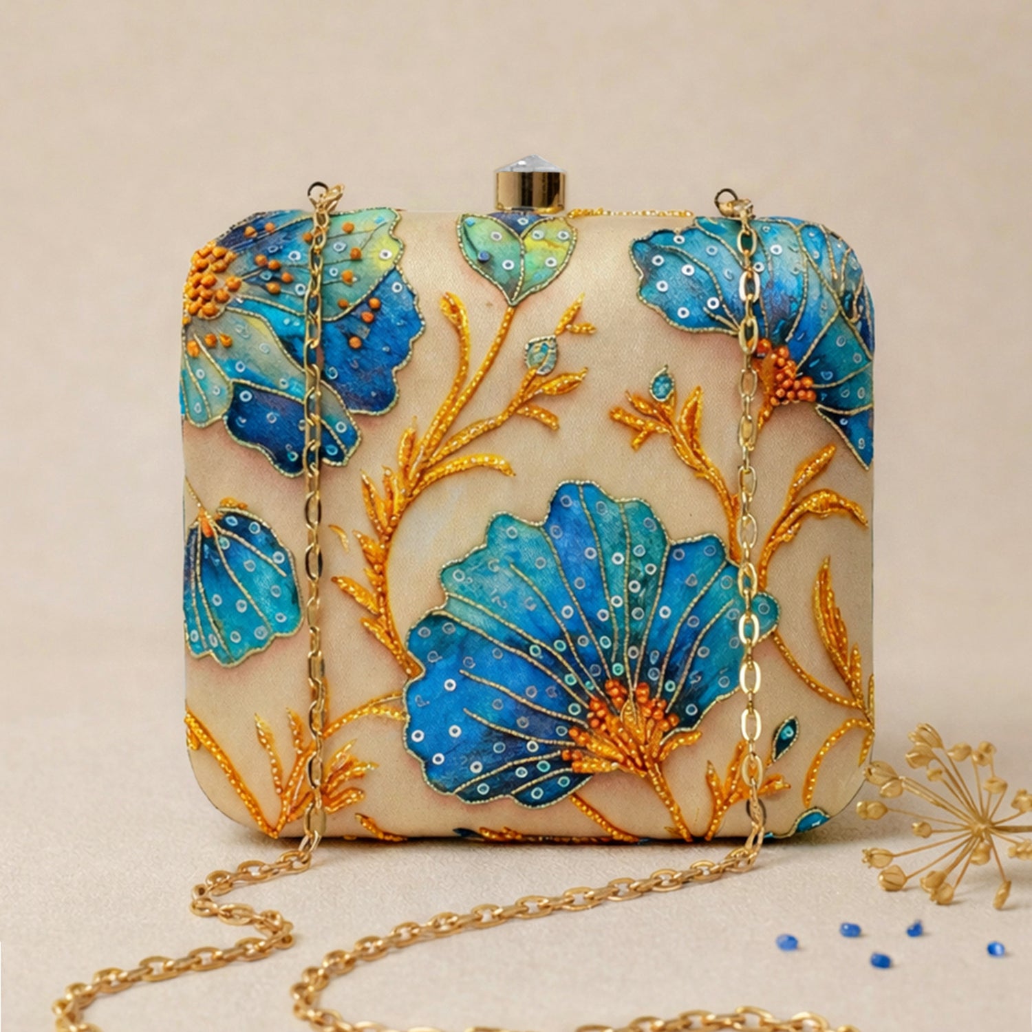 Artklim Printed Blue Floral Beaded Clutch with Hand Embroidery