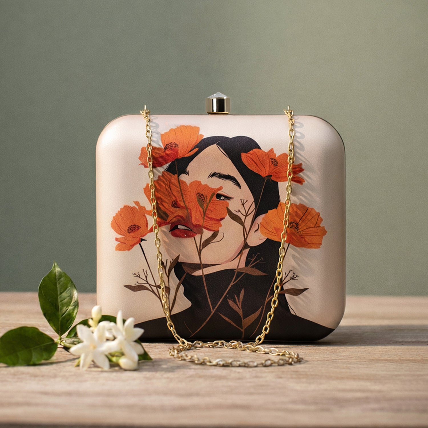 Off White Based Flower Girl Printed Clutch