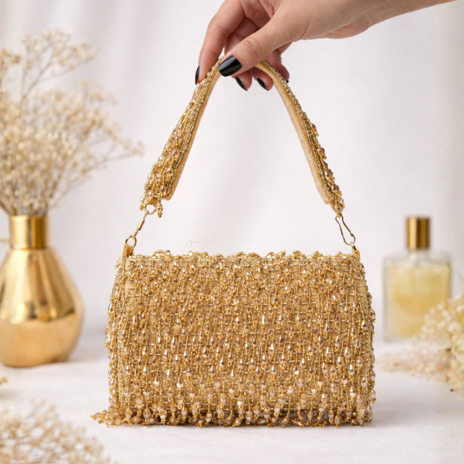 Artklim Golden Beaded Fringe Clutch