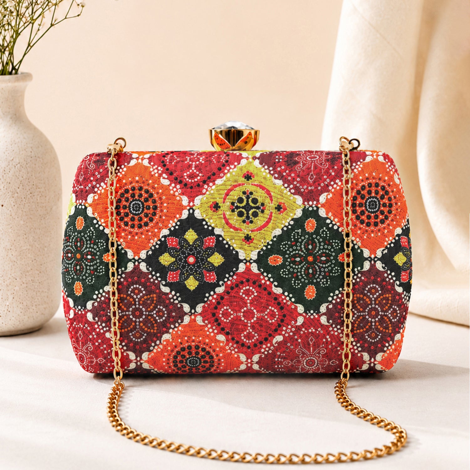 Artklim Multicolor Bohemian Floral Geometric Pattern Chain Strap Printed Clutch