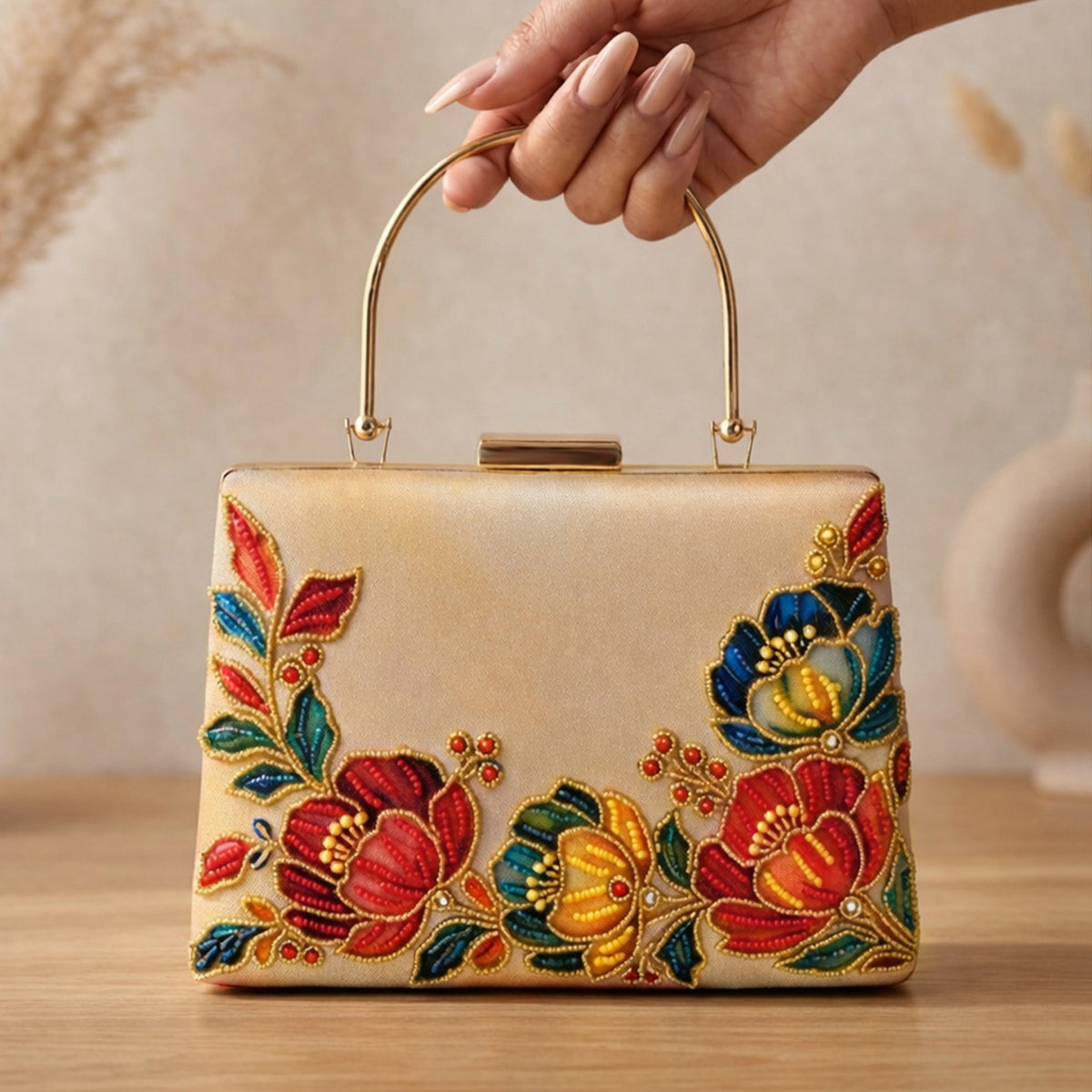 Artklim Printed Gold Floral Embellished Clutch with Hand Embroidery