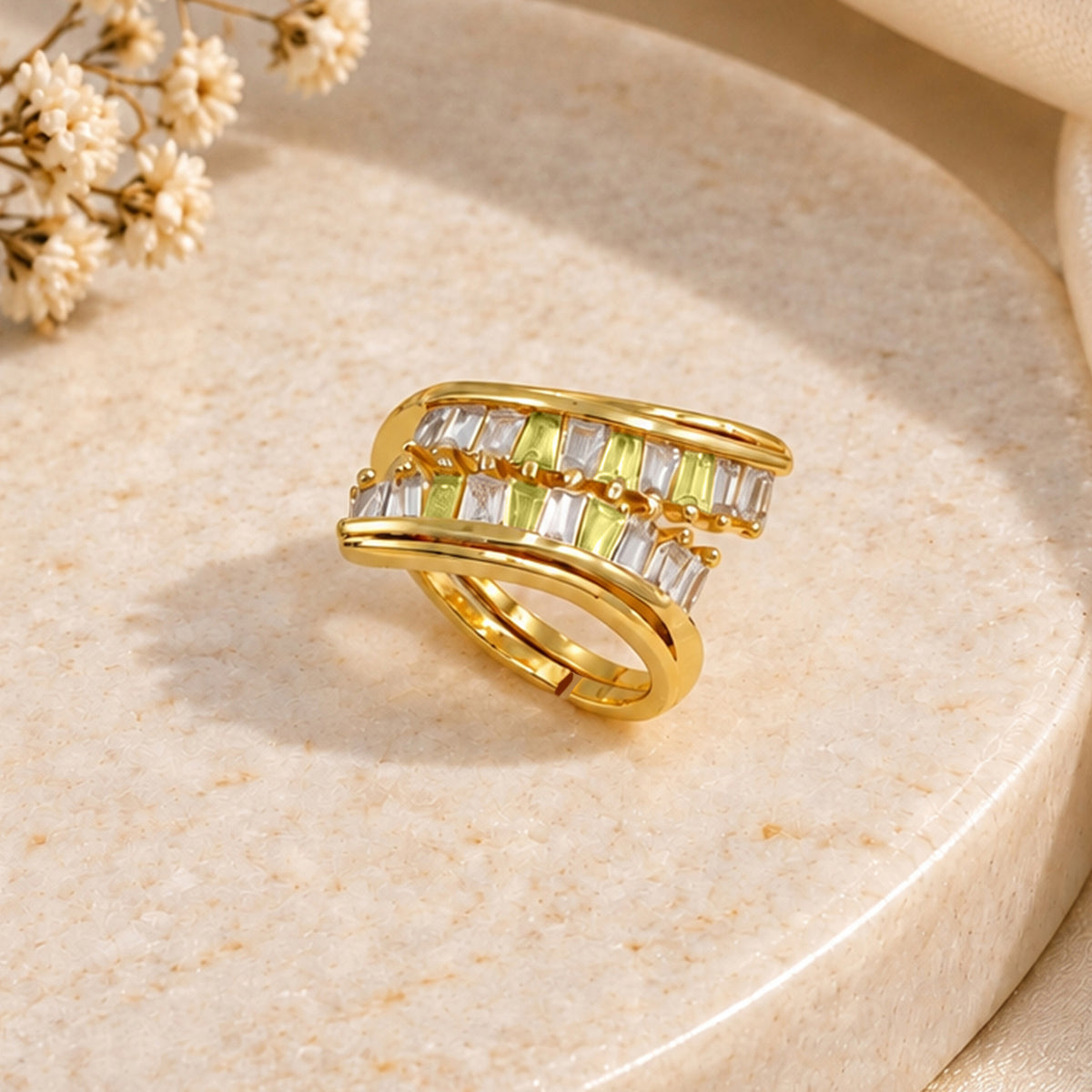 Artklim Elegant Double Row Baguette Crystal Gold-Tone Anti-Tarnish Ring