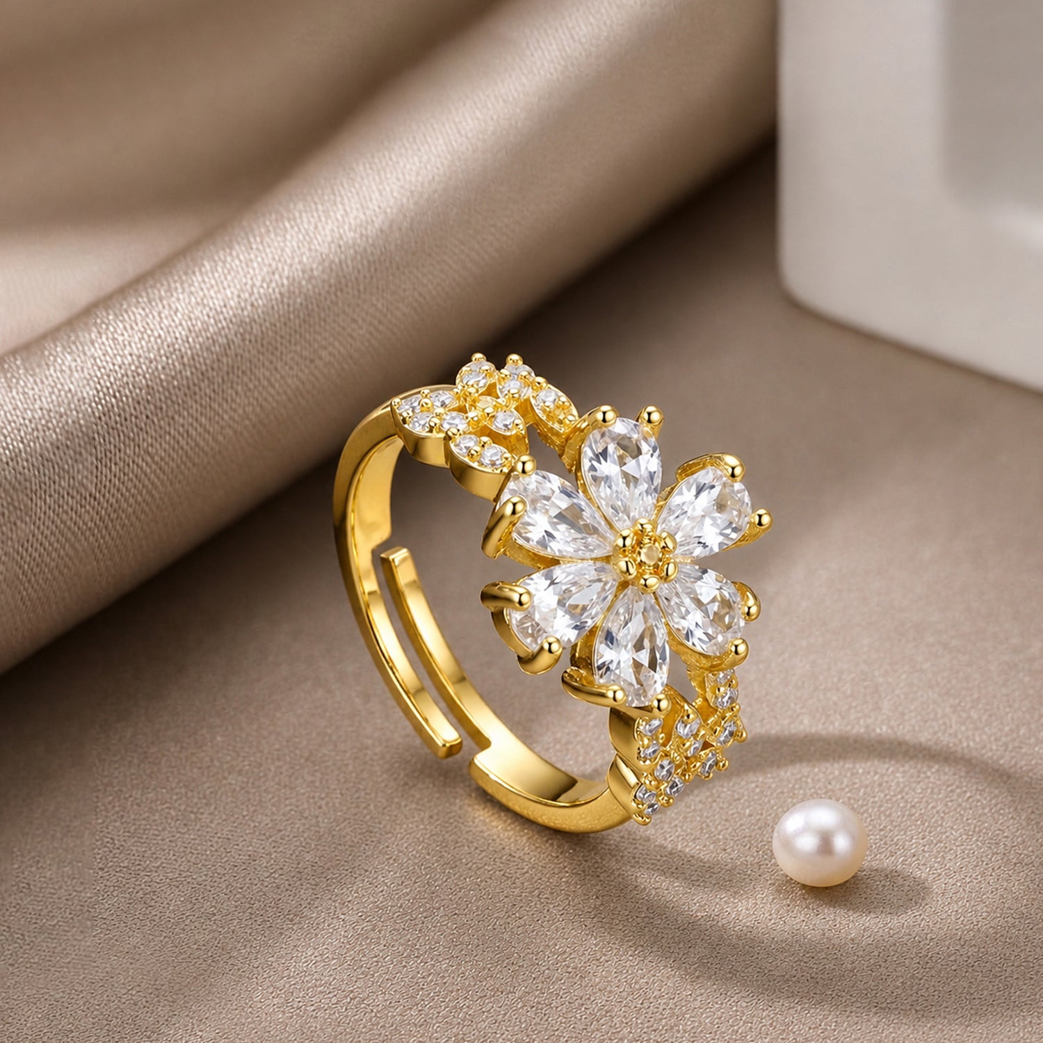 Artklim Delicate Floral Crystal Gold  Anti-Tarnish Ring