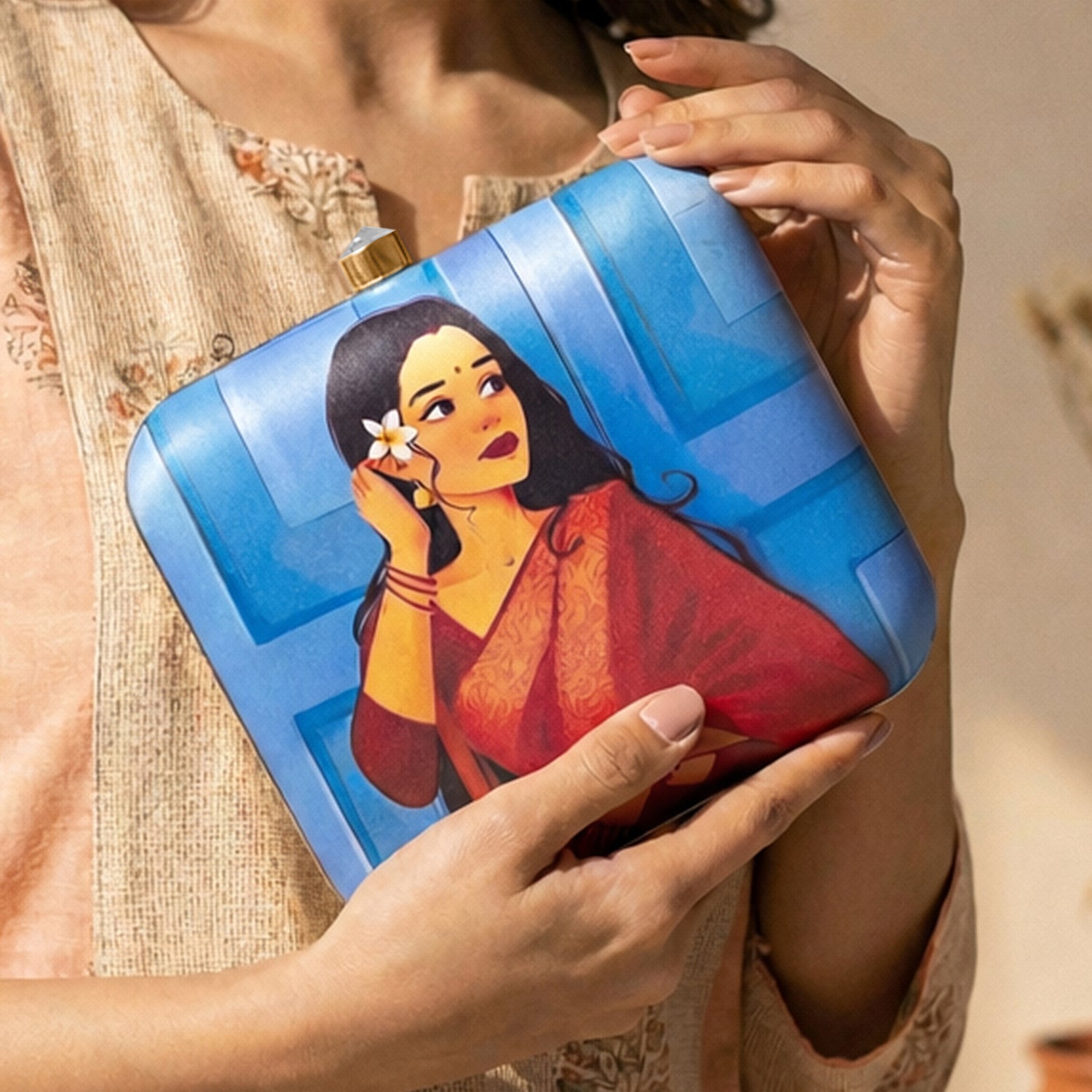 Artklim Blue Based Pretty Woman Portrait Printed Clutch