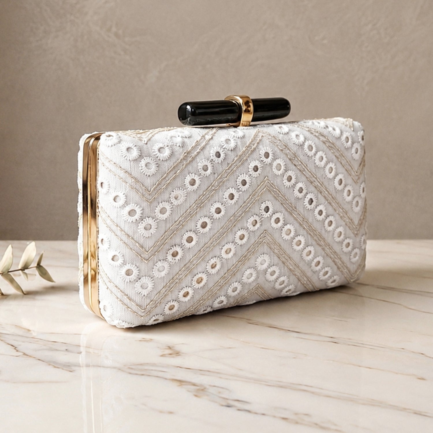 Artklim White Base Sequins Embroidery Clutch