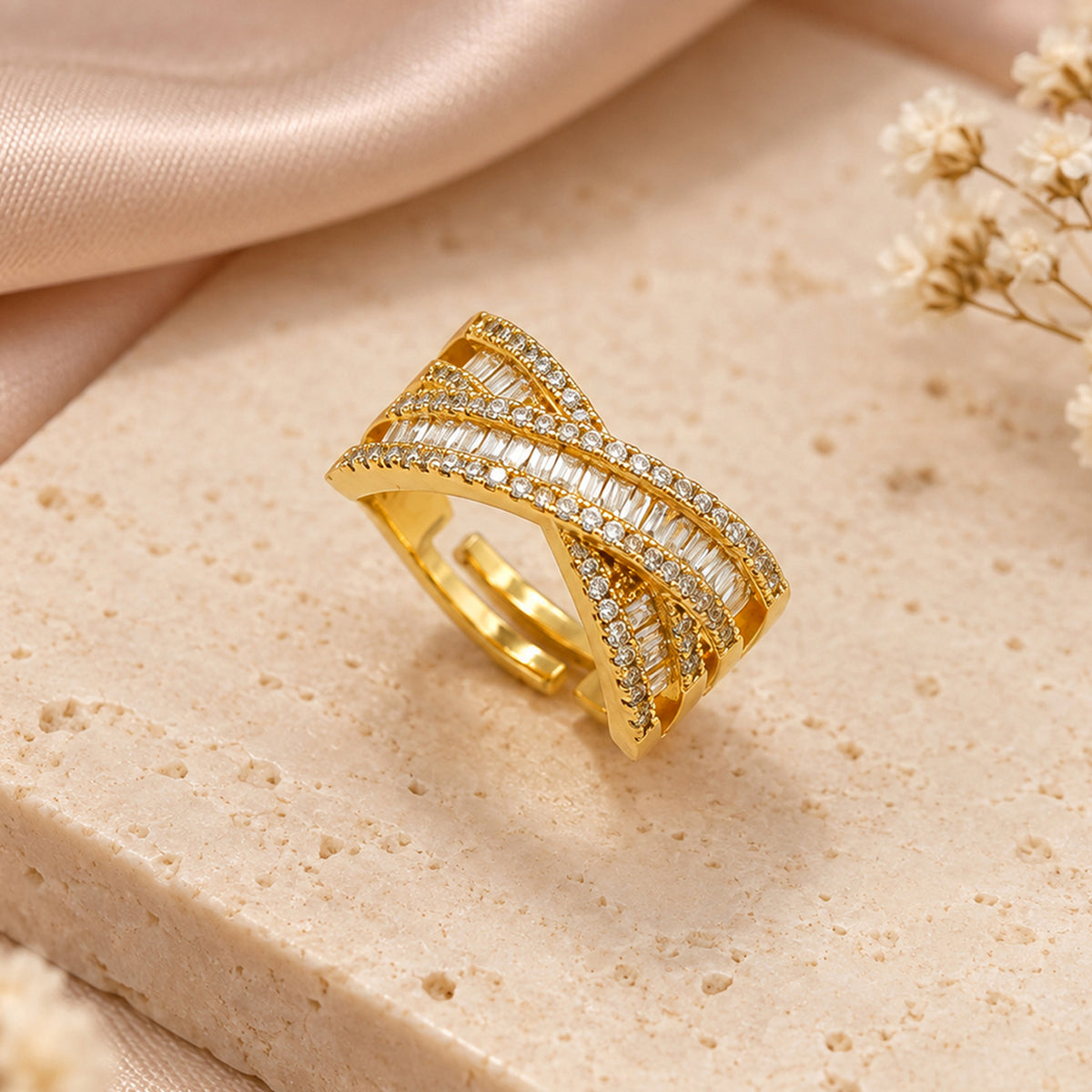 Artklim Elegant Layered Baguette Crystal Gold-Tone Statement Anti-Tarnish Ring