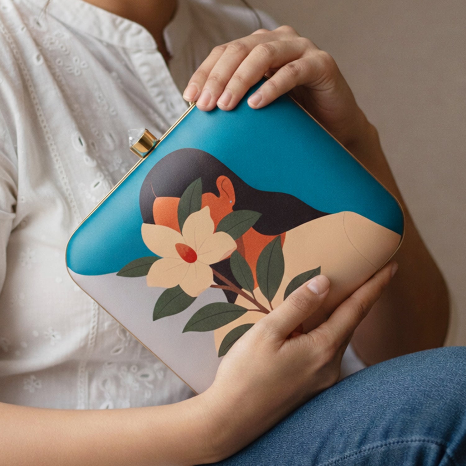 Artklim Blue Based Girl With Magnolia Flower Portrait Printed Clutch