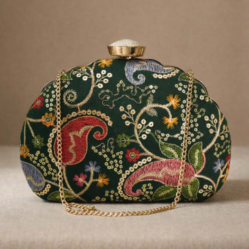 Artklim Dark Green Embroidered Clutch