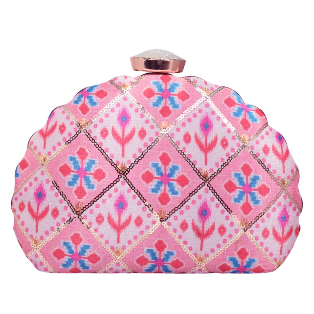 Pink Sequin Embroidery Moon Shaped Clutch