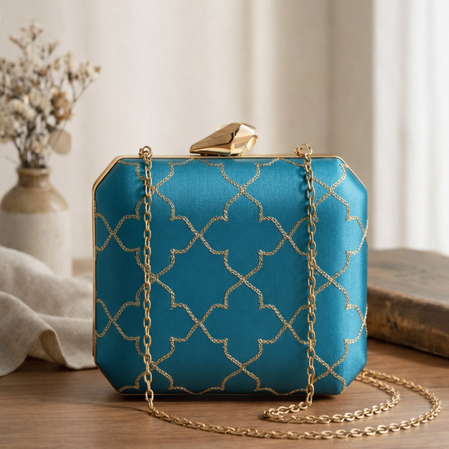 Blue Sequins Floral Checks Embroidery Clutch