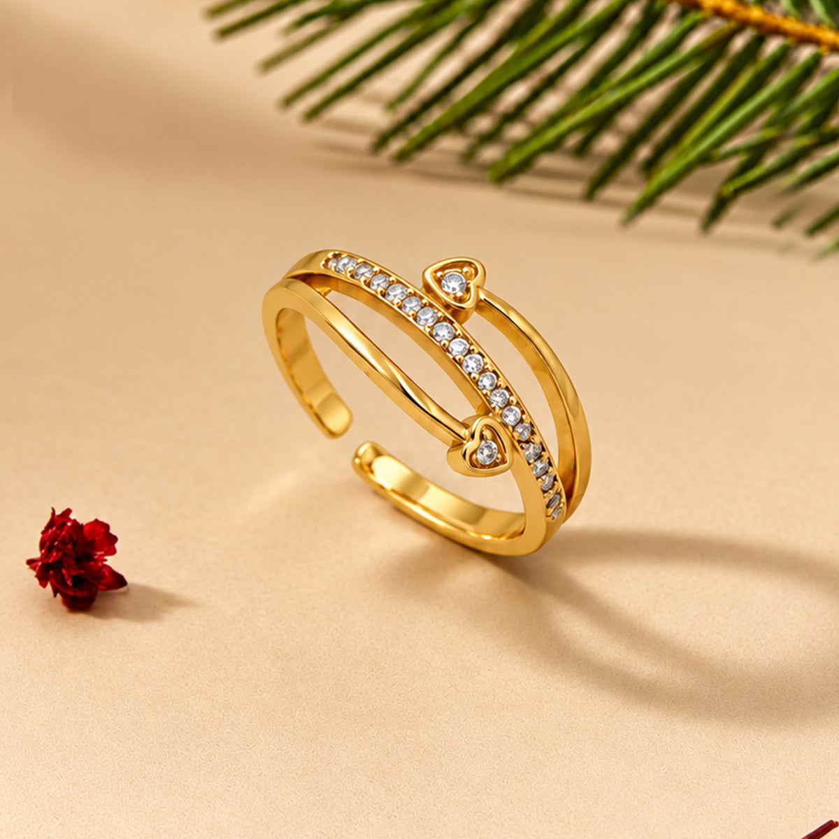Artklim Elegant Heart-Accent Crystal Gold-Tone Anti-Tarnish Ring