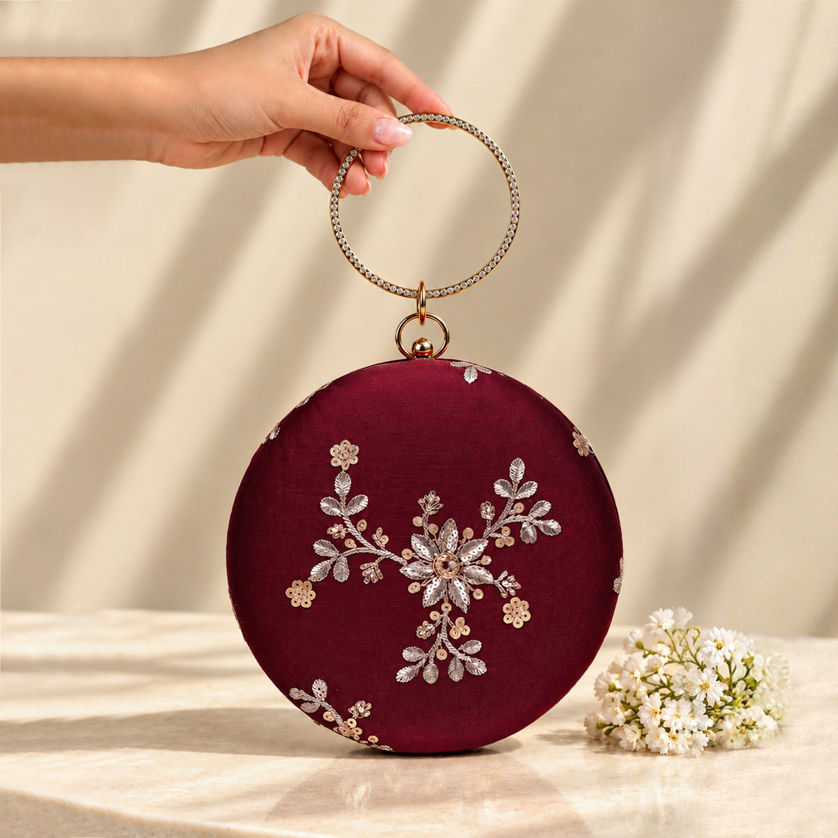 Artklim Elegant Maroon Floral Embroidered Round Clutch Bag with Golden Crystal Ring Handle
