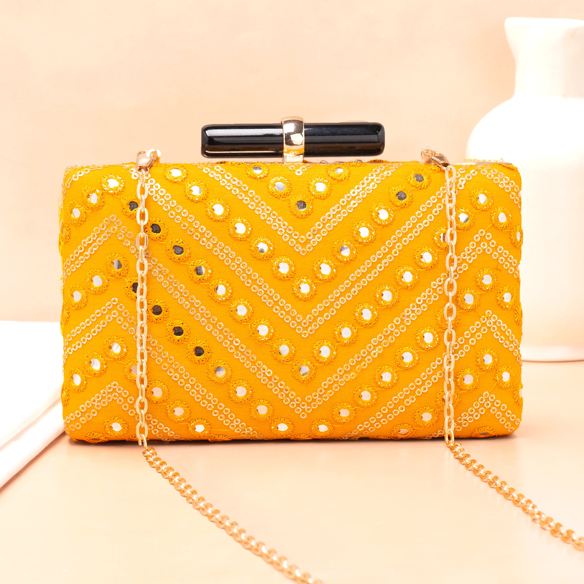 Artklim Yellow Based Sequins Embroidery Clutch