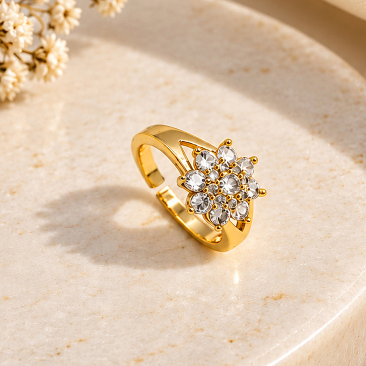 Artklim Elegant Floral Crystal Gold-Tone Anti-Tarnish Ring