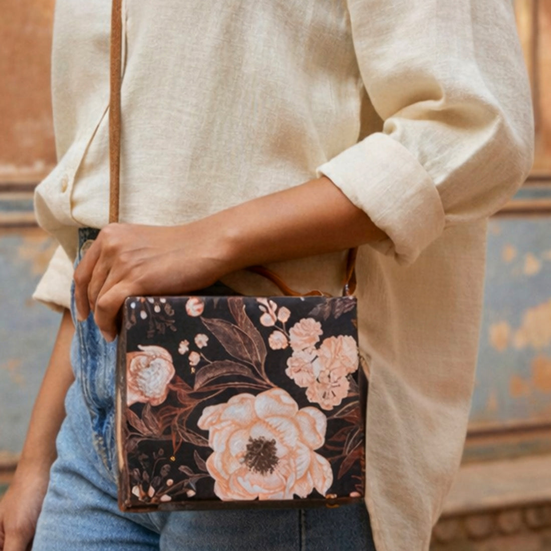 Artklim Black Floral Print Suitcase Style Clutch Bag