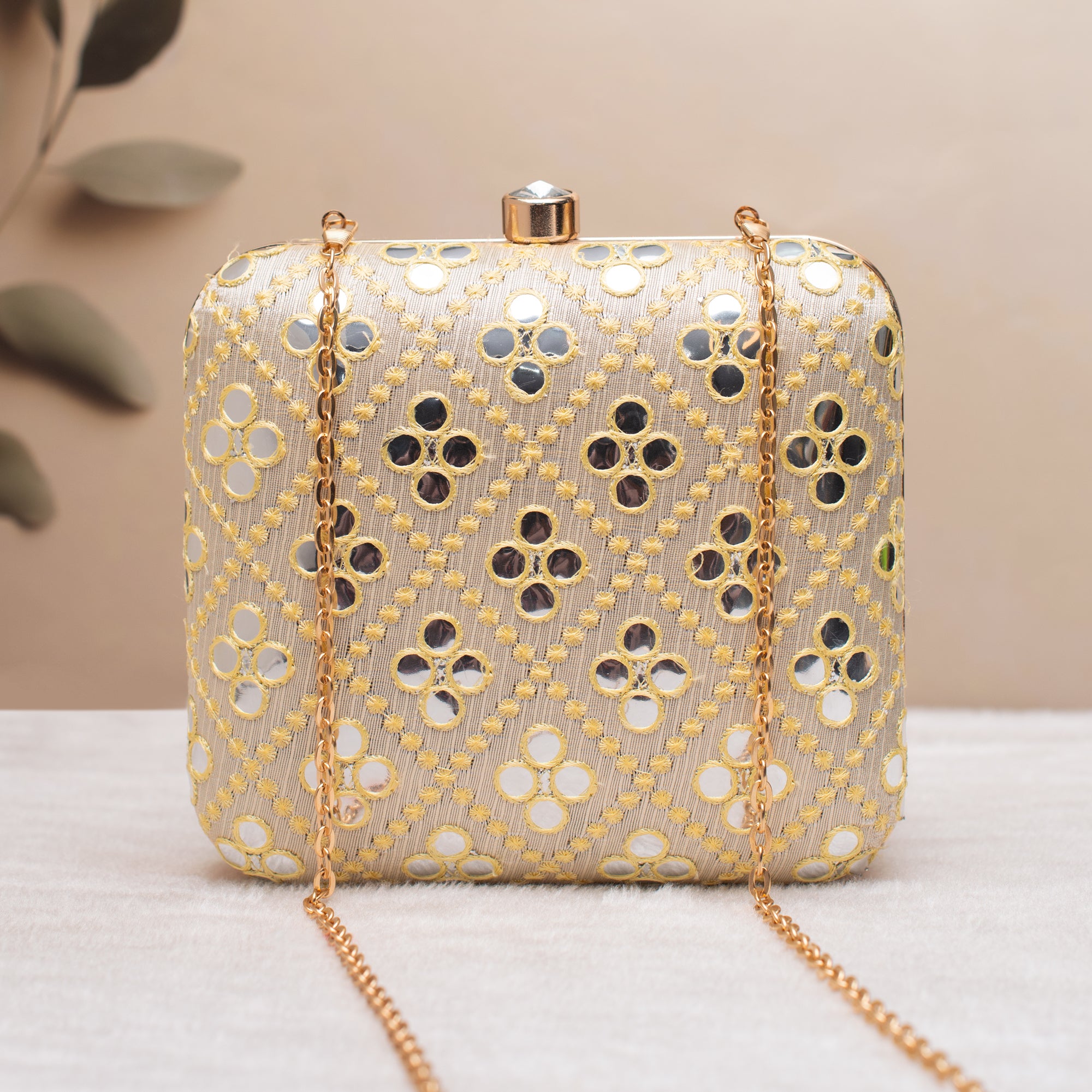 Artklim White with red–gold Bloom Embroidered Clutch