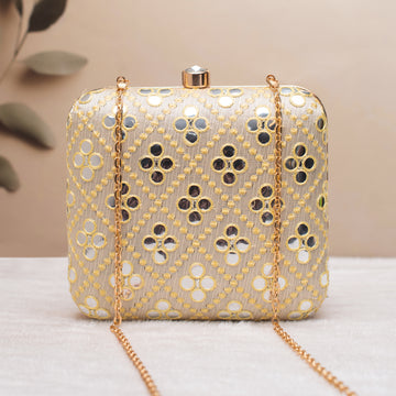 Artklim White with red–gold Bloom Embroidered Clutch