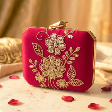 Artklim Elegant Gold Thread Floral Embroidered Clutch