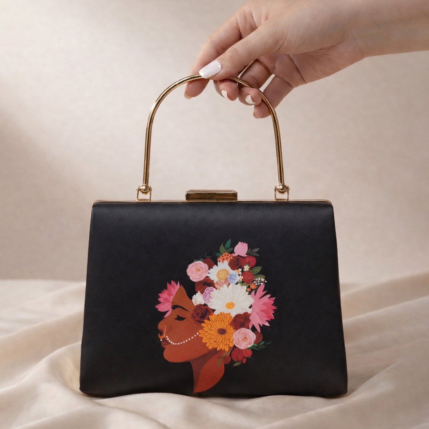Artklim Black Based Floral Lady Portrait Printed Clutch