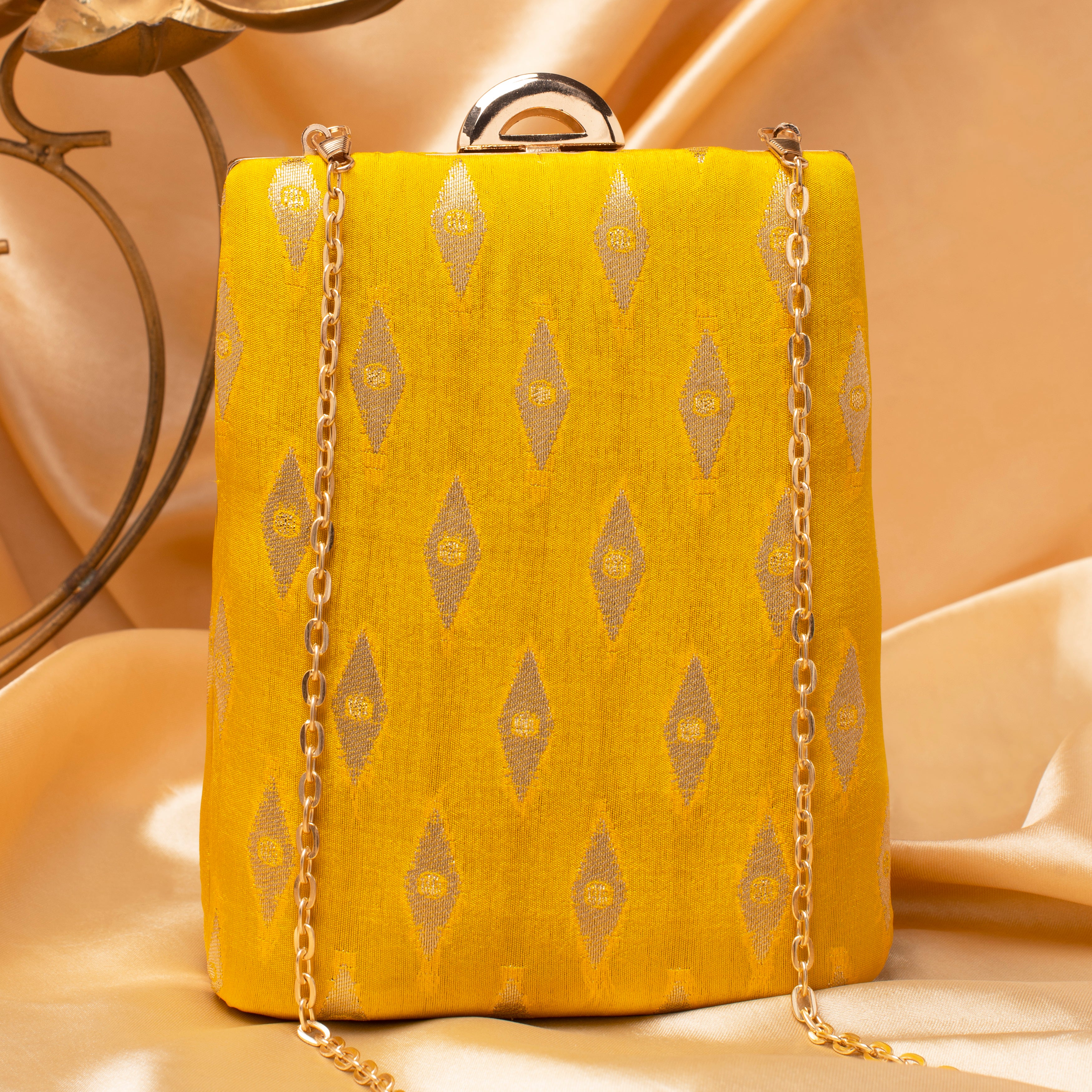 Artklim Yellow Based Brocade Fabric Ethnic Clutch