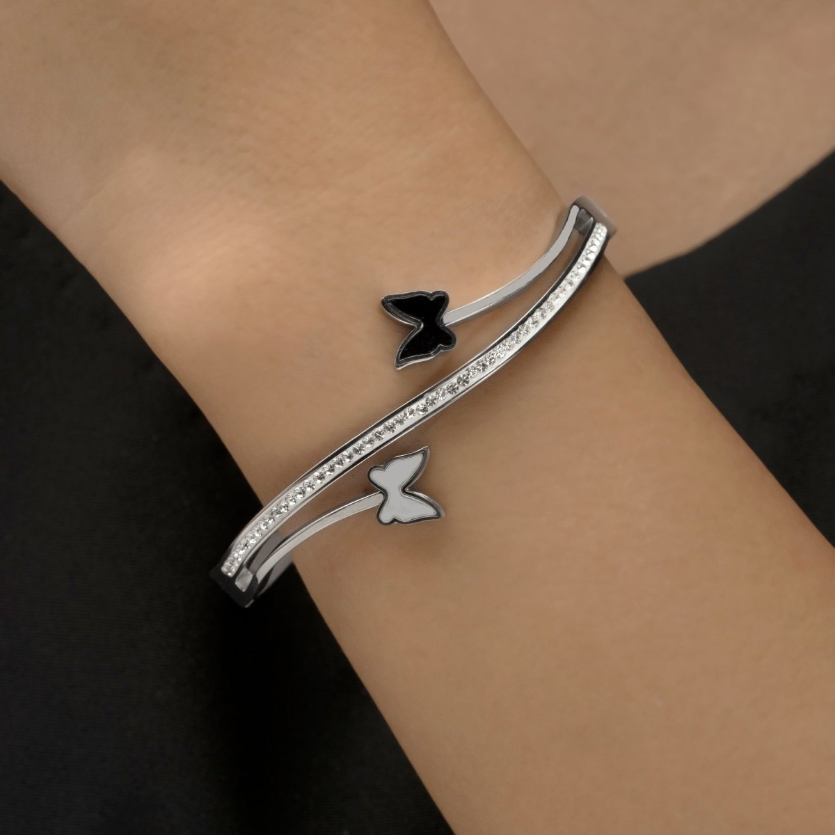 Artklim Silver Plated Black And White Butterfly Bangle Bracelet