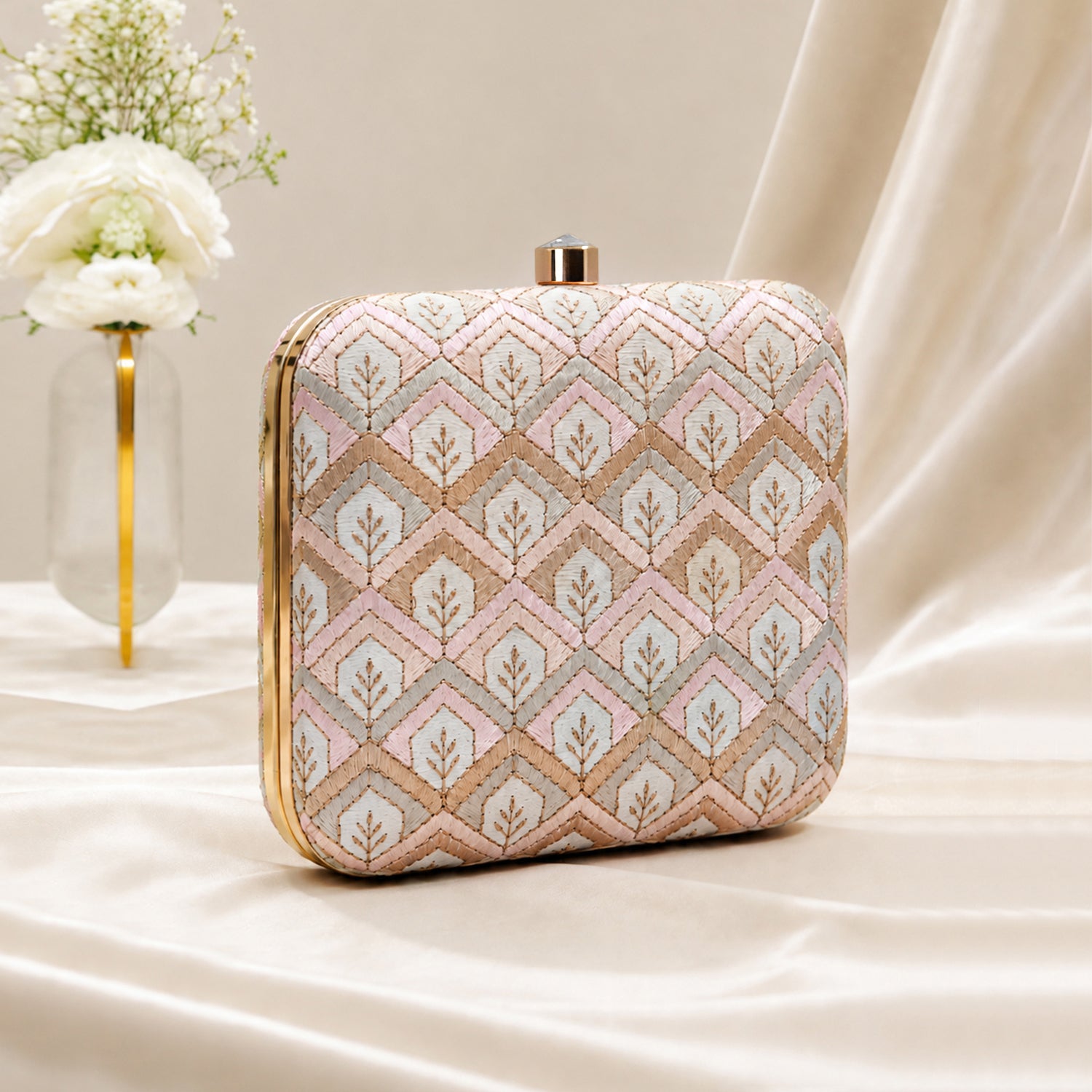 Artklim White & Pink Geometric Floral Embroidered Clutch