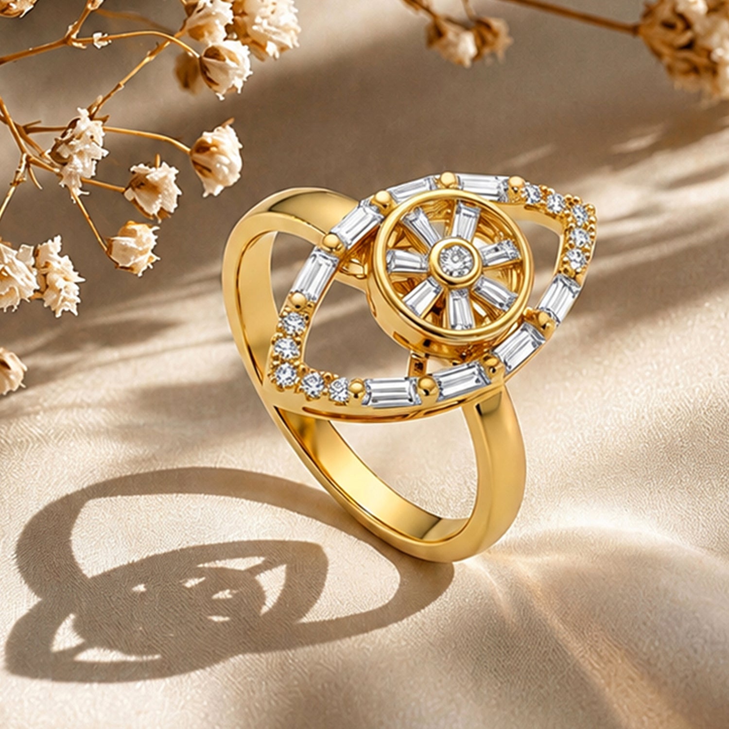 Artklim Gold Sparkling Eye Revolving Crystal Adjustable Anti-Tarnish Copper Ring