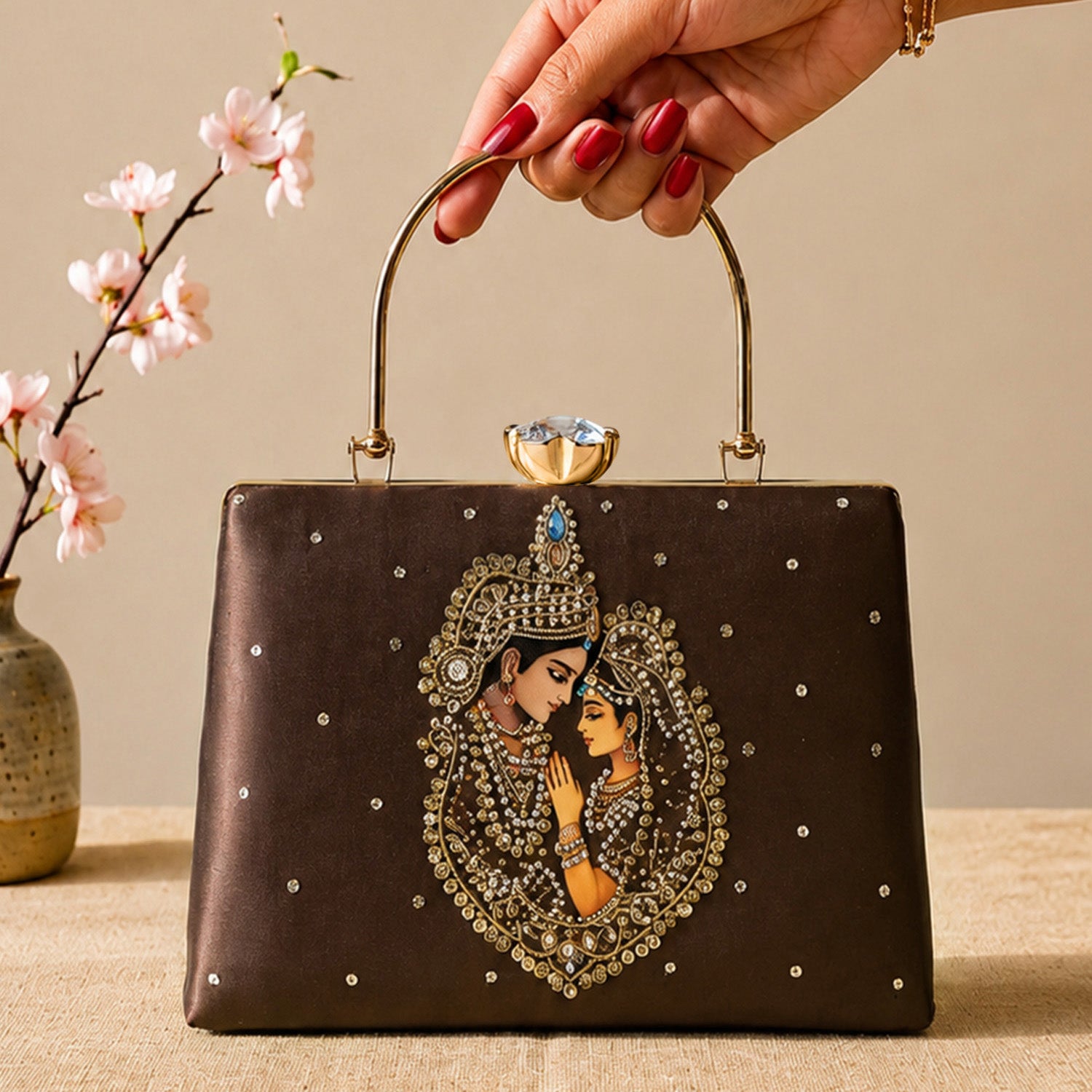 Artklim Printed Ethnic Radha Krishna Pearl Work Clutch with Hand Embroidery