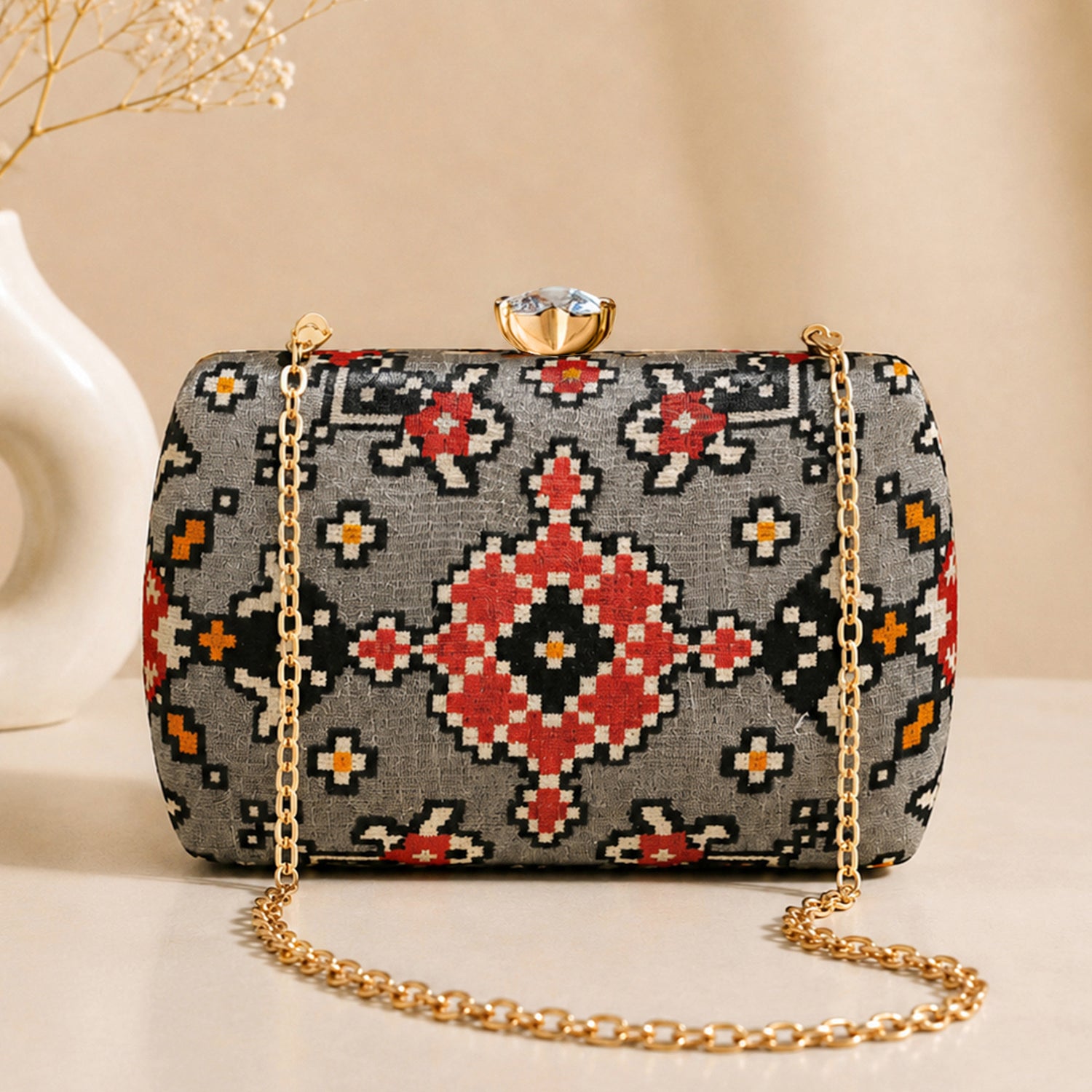 Artklim Grey Red Ethnic Geometric Floral Pattern Printed Clutch