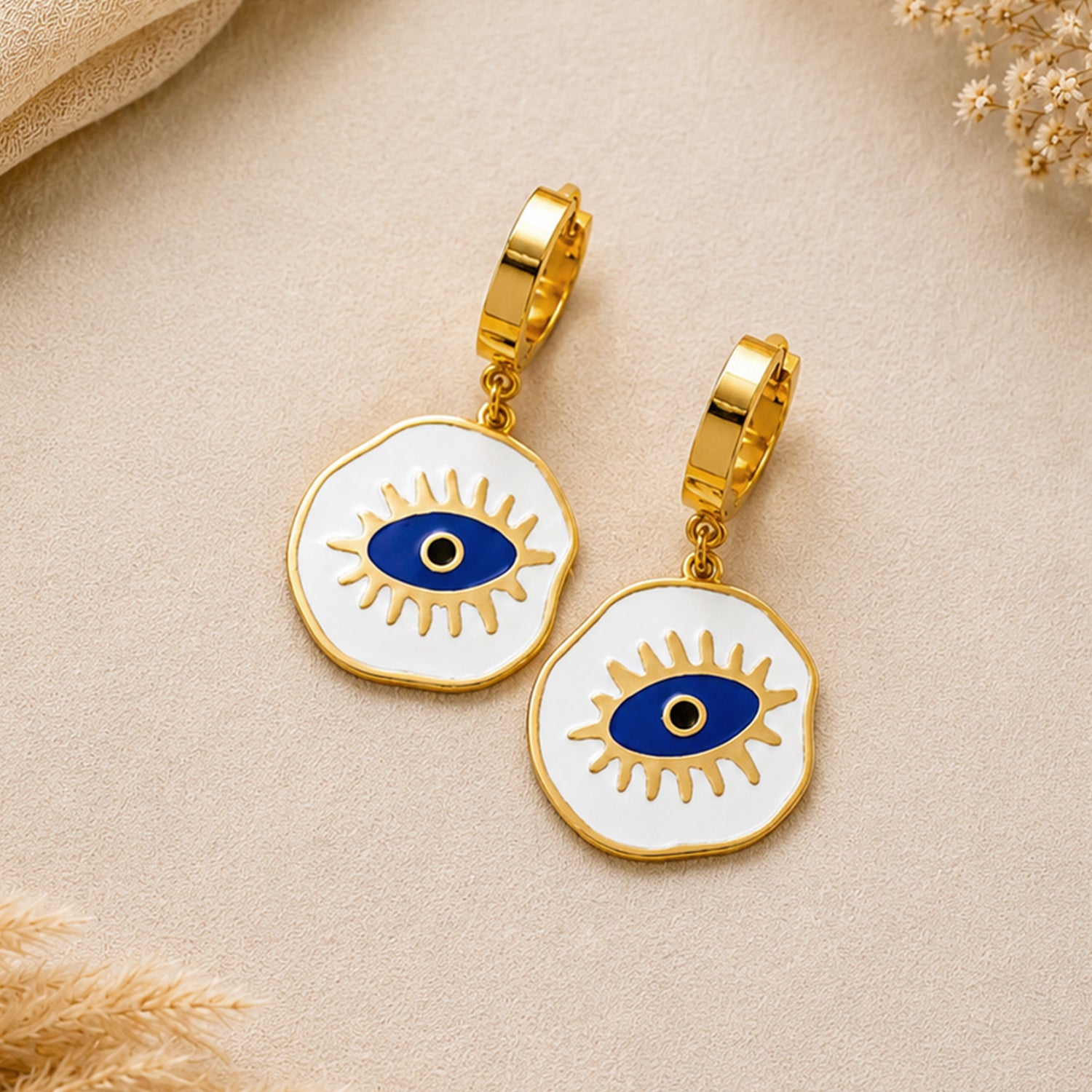 Artklim White & Blue Evil Eye Hoop Anti-Tarnish Earring