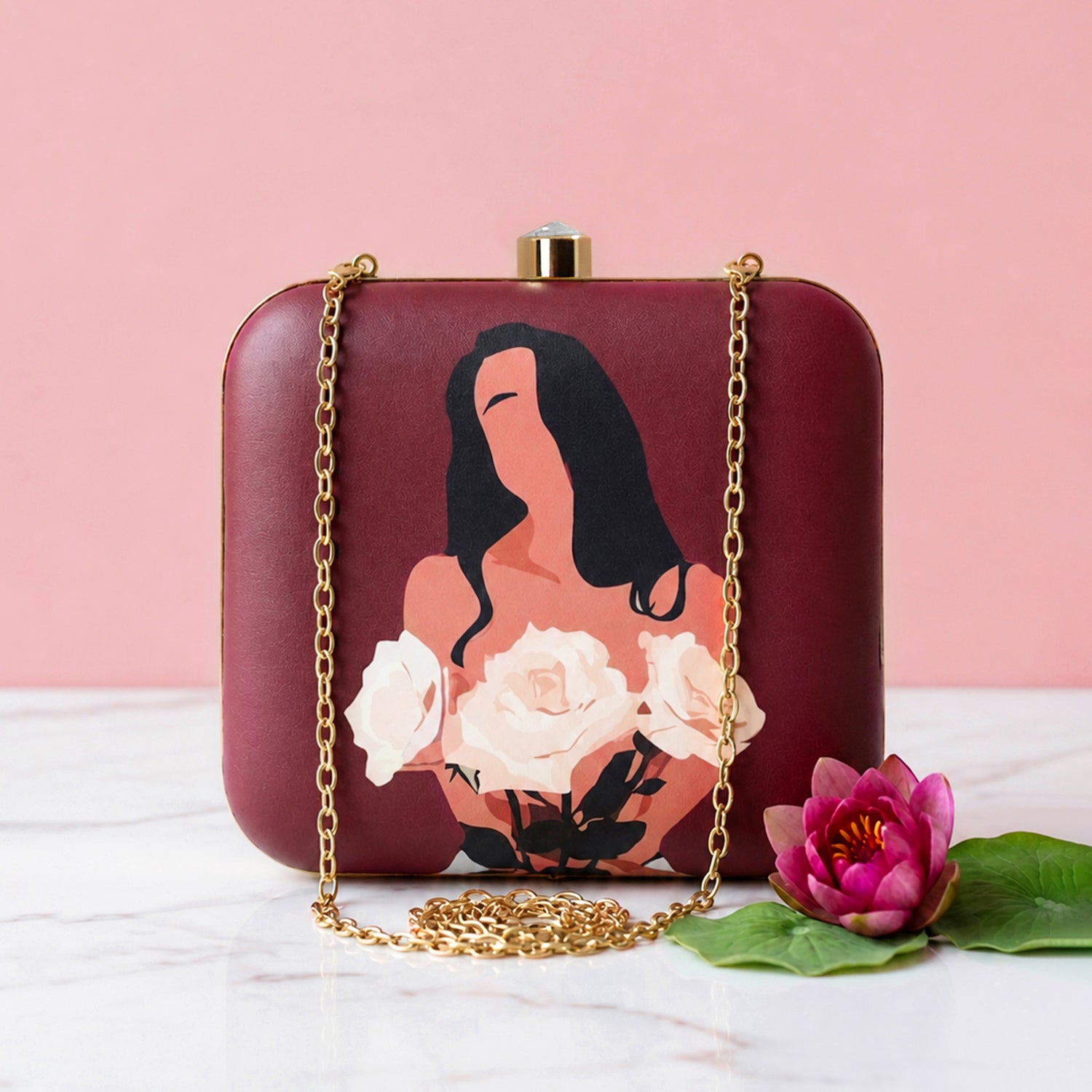 Artklim Maroon Flower Girl Portrait Printed Clutch