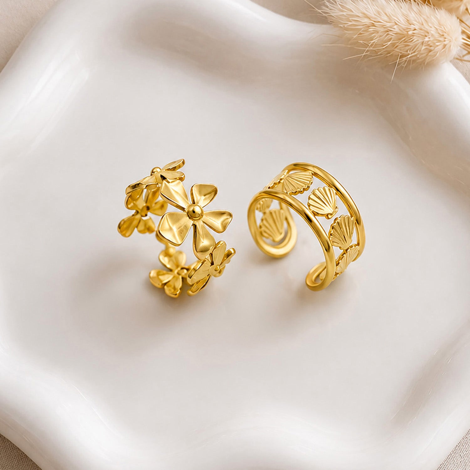Artklim Floral Bloom & Seashell Pair Ring Set Adjustable Anti-Tarnish Ring