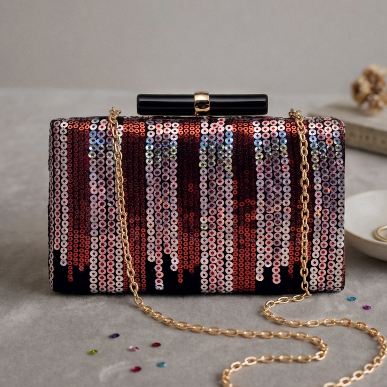 Artklim Glamorous Red & Silver Sequin Embroidery clutch