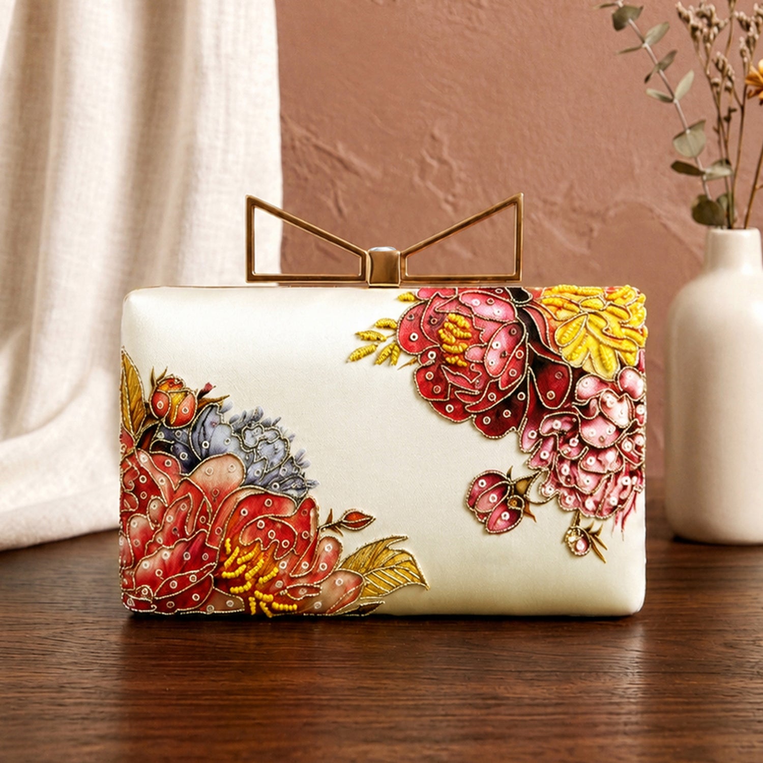Artklim Printed Ivory Multicolor Floral Designer Clutch with Hand Embroidery