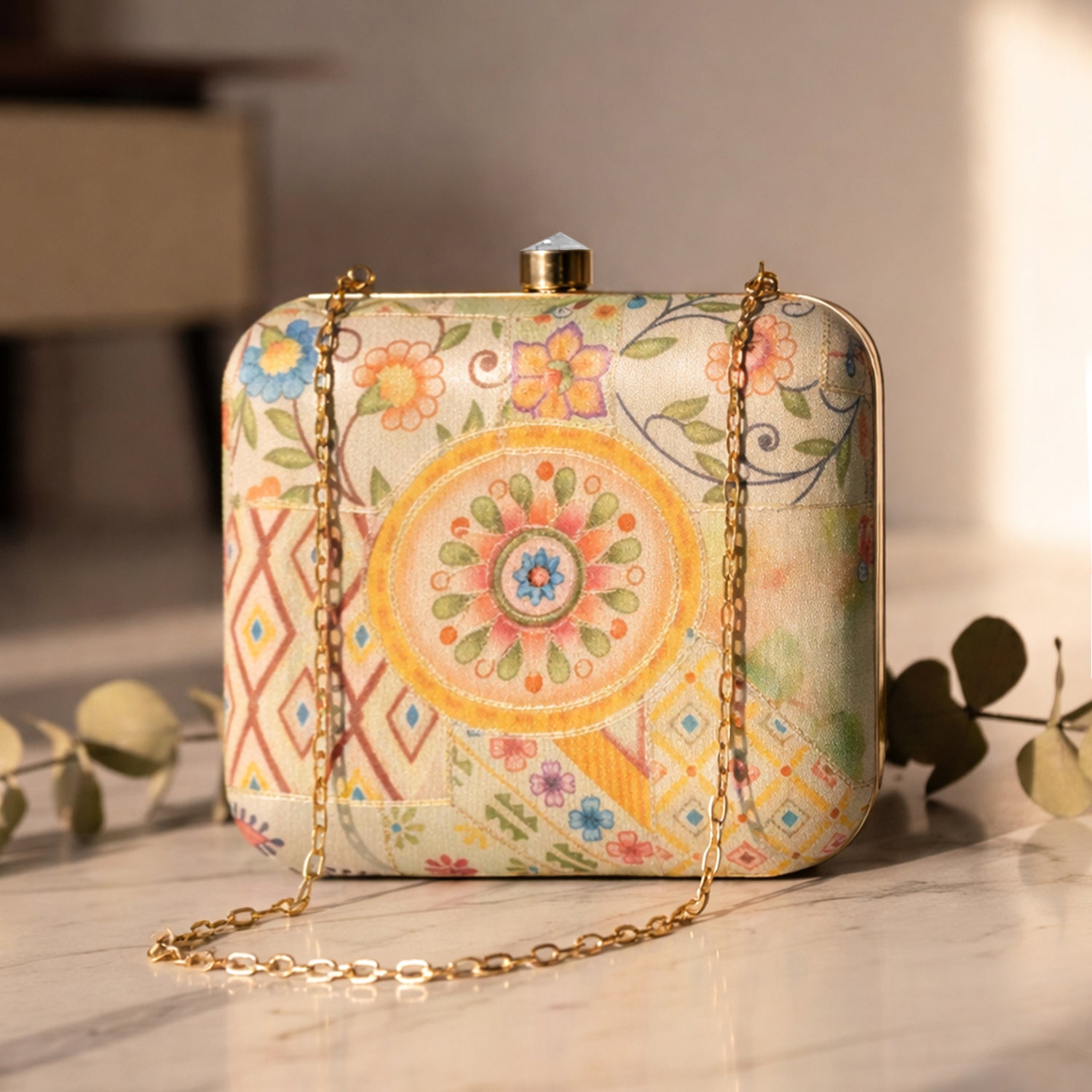 Artklim Women’s Beige Ethnic Patchwork Floral Box Embroidred Clutch