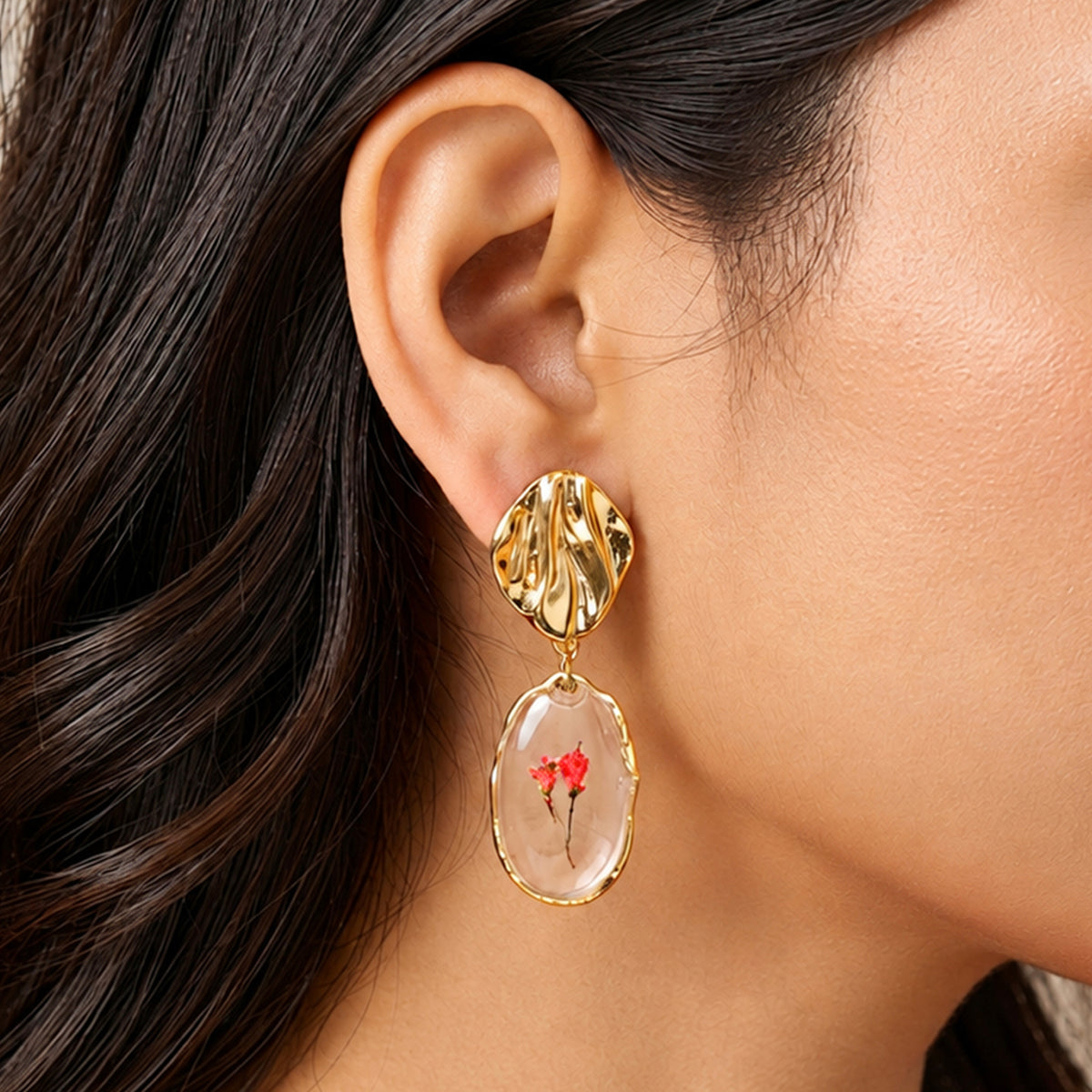 Artklim Elegant Red Floral Gold-Tone Anti-Tarnish Earring