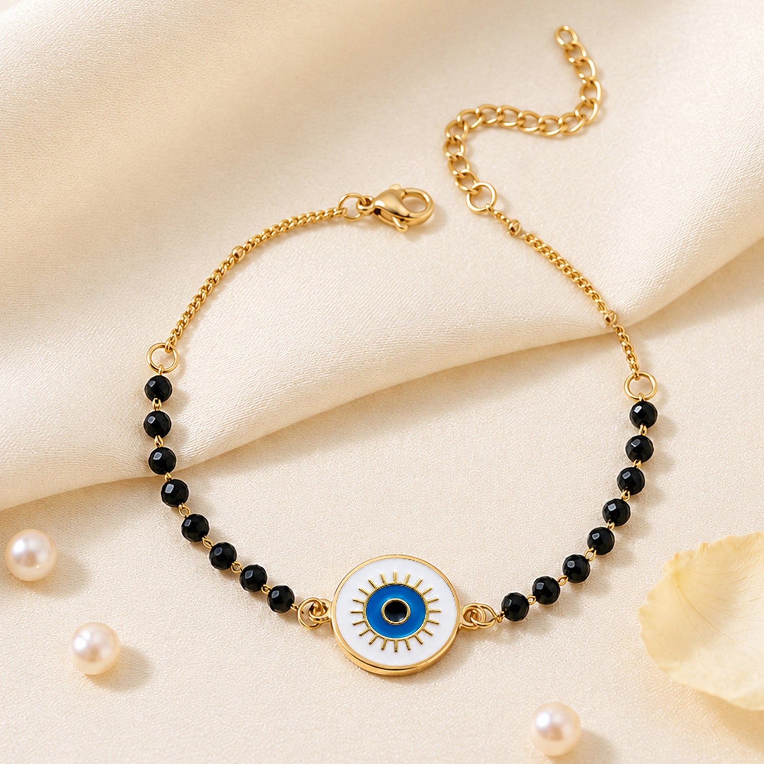 Artklim Black Beads Evil Eye Round Charm Bracelet Anti-Tarnish Bracelet